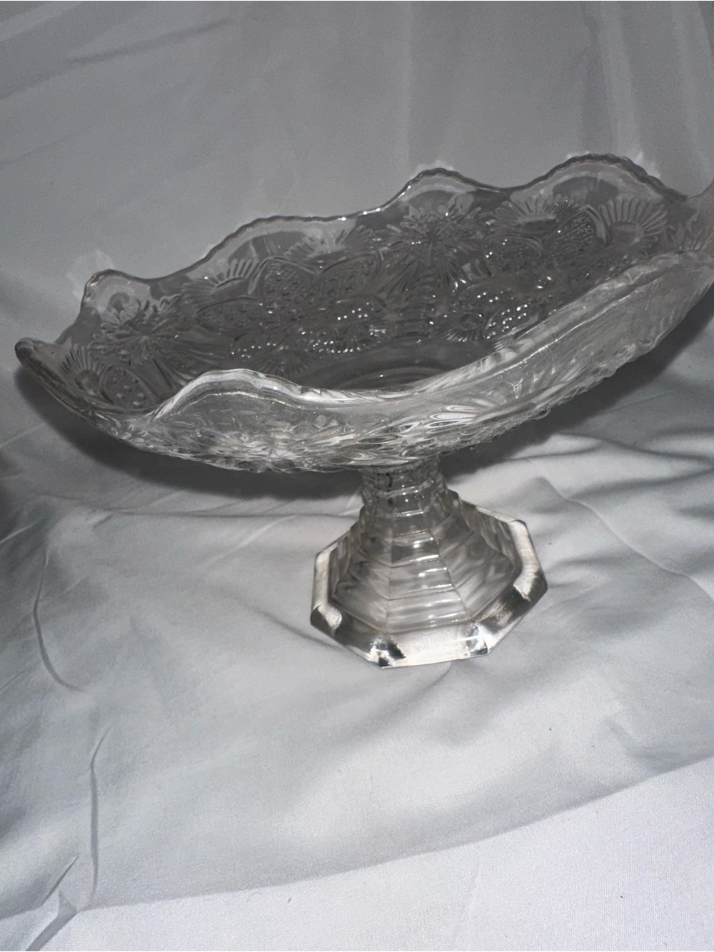 Clear Pressed Glass Floral Pedestal Compote Bowl 8”